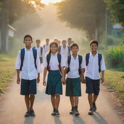 Group of jovial Indonesian middle to high school children, in school uniforms, backpacks on their shoulders, walking down a village road on their way to school during the morning sunrise