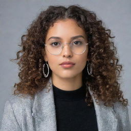 A 21-year-old woman with wild, long curly hair, alluring brown eyes framed by silver round glasses, barely-parted full lips, silver dangly earrings. She's wearing a black full-sleeve ribbed pullover top, a larger bust, and a jacket casually draped over her arms.