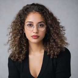 A 21-year-old woman with wild, long curly hair, alluring brown eyes framed by silver round glasses, barely-parted full lips, silver dangly earrings. She's wearing a black full-sleeve ribbed pullover top, a larger bust, and a jacket casually draped over her arms.