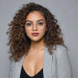 A 21-year-old woman with wild, long curly hair, alluring brown eyes framed by silver round glasses, barely-parted full lips, silver dangly earrings. She's wearing a black full-sleeve ribbed pullover top, a larger bust, and a jacket casually draped over her arms.