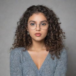 A 21-year-old woman with wild, long curly hair, alluring brown eyes framed by silver round glasses, barely-parted full lips, silver dangly earrings. She's wearing a black full-sleeve ribbed pullover top, a larger bust, and a jacket casually draped over her arms.