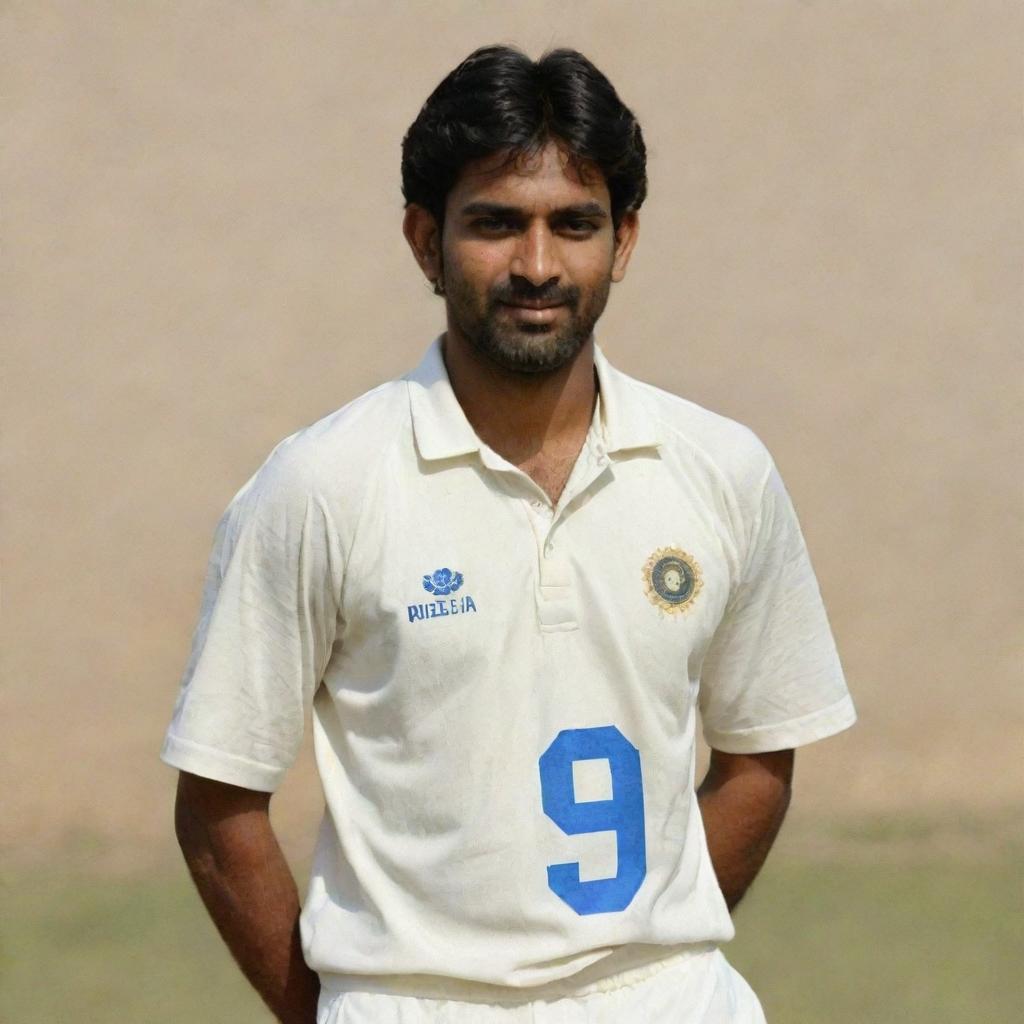 A cricketer with the traditional Indian cricket uniform, displaying the name 'Krishna' and the number '9' on the back