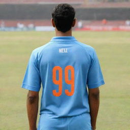 A cricketer with the traditional Indian cricket uniform, displaying the name 'Krishna' and the number '9' on the back