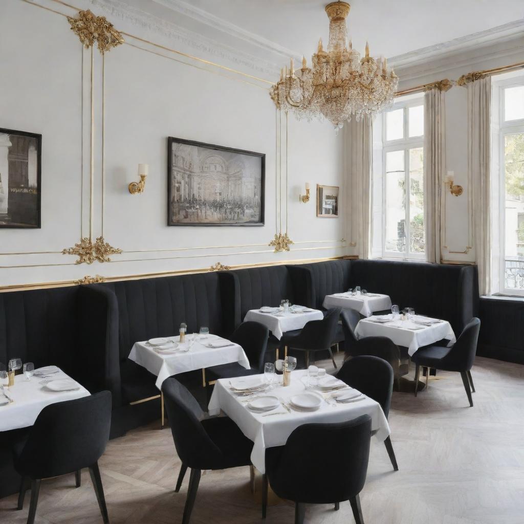 A hyper-realistic image of a restaurant styled in Parisian flair, with minimalist gold details. The colors are predominantly white and black, and the scene is bathed in daylight.