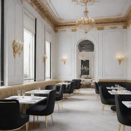 A hyper-realistic image of a restaurant styled in Parisian flair, with minimalist gold details. The colors are predominantly white and black, and the scene is bathed in daylight.