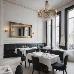 A hyper-realistic image of a restaurant styled in Parisian flair, with minimalist gold details. The colors are predominantly white and black, and the scene is bathed in daylight.