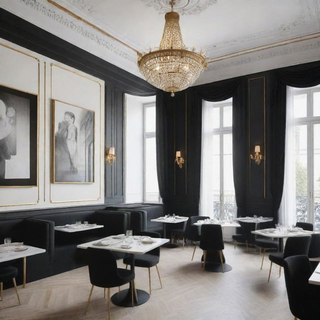 A hyper-realistic image of a restaurant styled in Parisian flair, with minimalist gold details. The colors are predominantly white and black, and the scene is bathed in daylight.