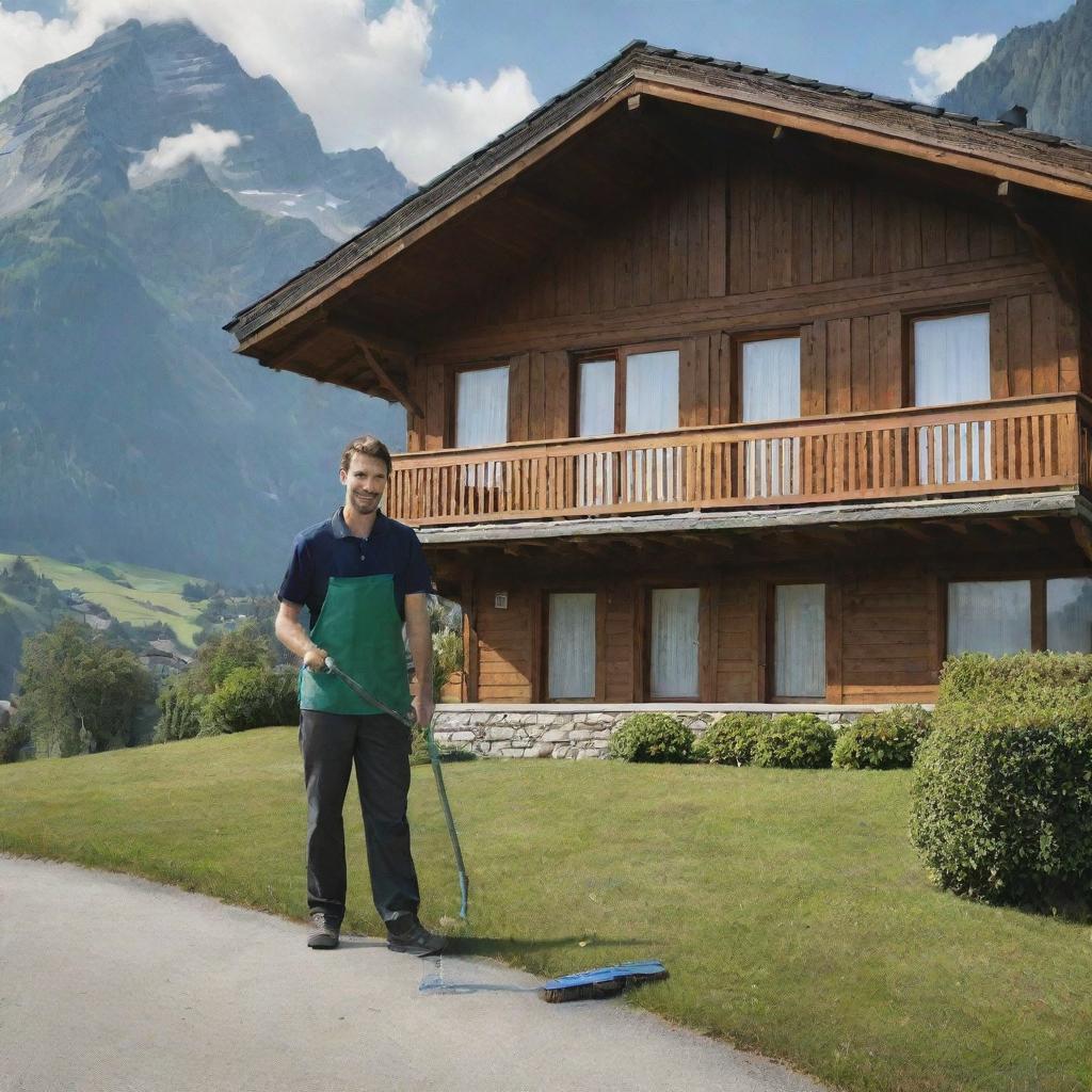Cinematic image of a cleaning assistant with broom and squeegee standing in front of an alpine Swiss house, amidst the serene mountainous scenery.