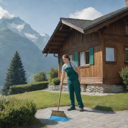 Cinematic image of a cleaning assistant with broom and squeegee standing in front of an alpine Swiss house, amidst the serene mountainous scenery.