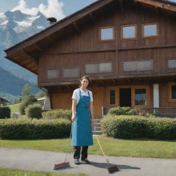 Cinematic image of a cleaning assistant with broom and squeegee standing in front of an alpine Swiss house, amidst the serene mountainous scenery.