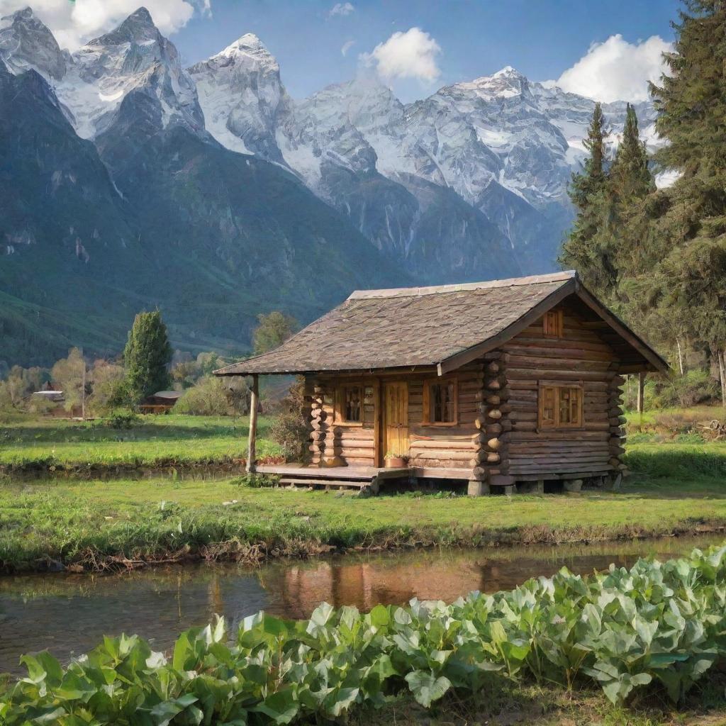 A rustic cabin on the riverside nestled amidst vibrant vegetable plantations, against a backdrop of majestic, snow-capped mountains.