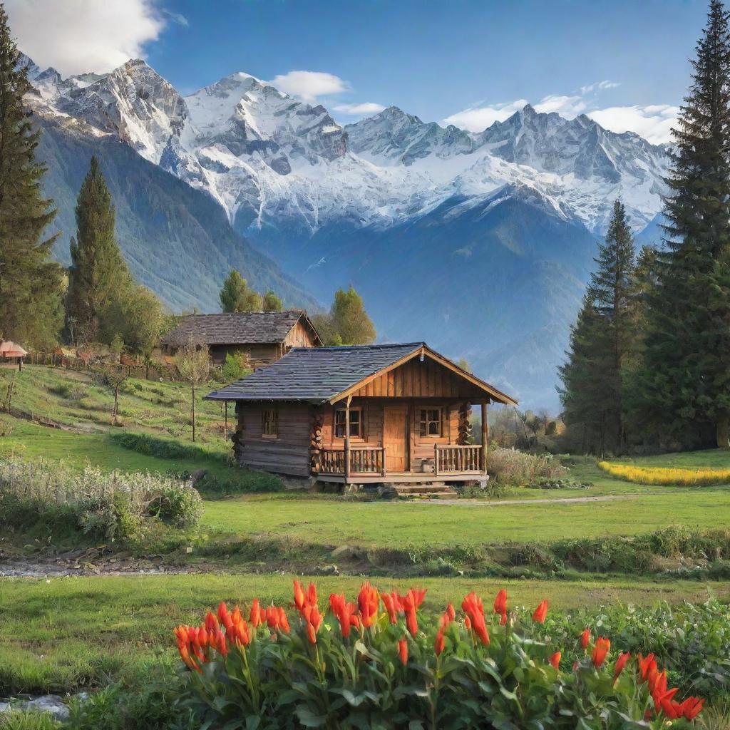 A rustic cabin on the riverside nestled amidst vibrant vegetable plantations, against a backdrop of majestic, snow-capped mountains.