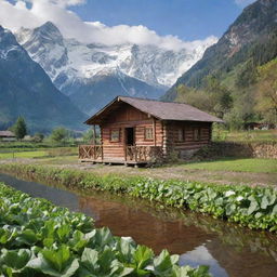 A rustic cabin on the riverside nestled amidst vibrant vegetable plantations, against a backdrop of majestic, snow-capped mountains.