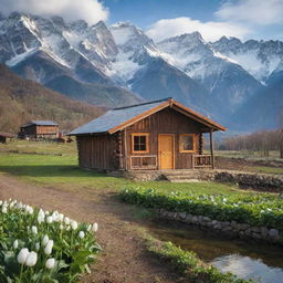 A rustic cabin on the riverside nestled amidst vibrant vegetable plantations, against a backdrop of majestic, snow-capped mountains.