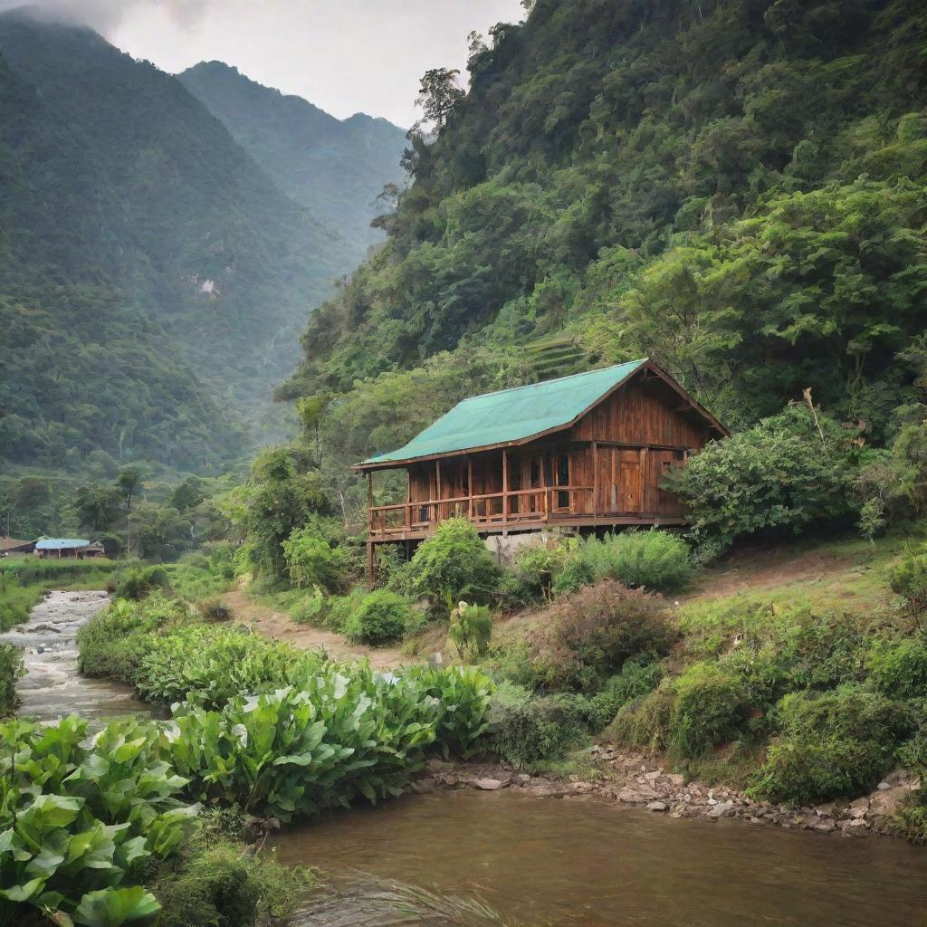 A cozy riverside cabin surrounded by lush mountain view and verdant vegetable plantations.