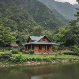 A cozy riverside cabin surrounded by lush mountain view and verdant vegetable plantations.