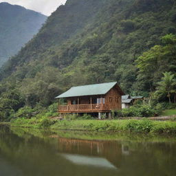 A cozy riverside cabin surrounded by lush mountain view and verdant vegetable plantations.