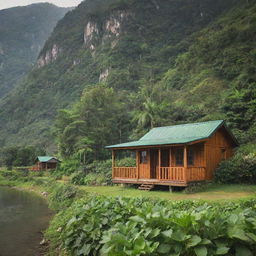 A cozy riverside cabin surrounded by lush mountain view and verdant vegetable plantations.