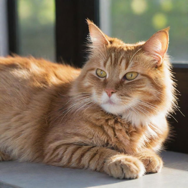 A fluffy orange tabby cat leisurely lounging in the warm sunlight.