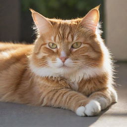 A fluffy orange tabby cat leisurely lounging in the warm sunlight.