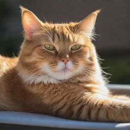 A fluffy orange tabby cat leisurely lounging in the warm sunlight.