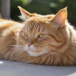 A fluffy orange tabby cat leisurely lounging in the warm sunlight.