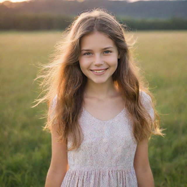 A charming, young girl with sparkling eyes, flowing hair and a bright smile, wearing a summer dress while standing in a serene meadow during sunset.