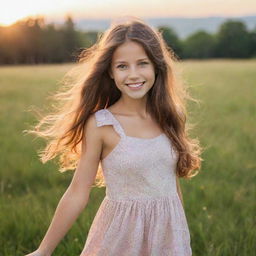 A charming, young girl with sparkling eyes, flowing hair and a bright smile, wearing a summer dress while standing in a serene meadow during sunset.