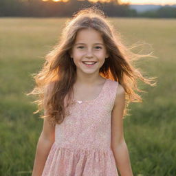 A charming, young girl with sparkling eyes, flowing hair and a bright smile, wearing a summer dress while standing in a serene meadow during sunset.