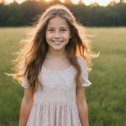 A charming, young girl with sparkling eyes, flowing hair and a bright smile, wearing a summer dress while standing in a serene meadow during sunset.