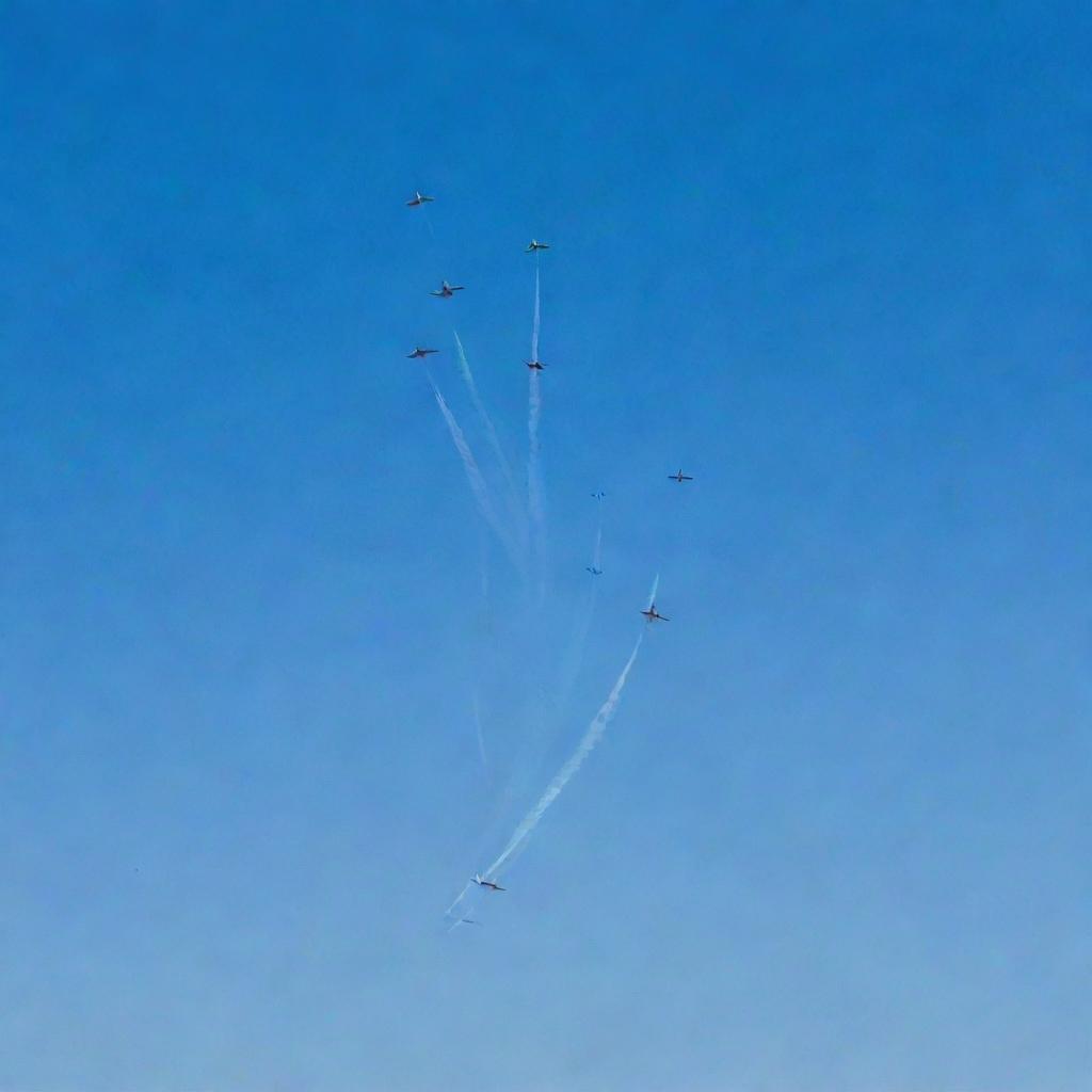 An artful display of Air Force aircrafts under a clear blue sky