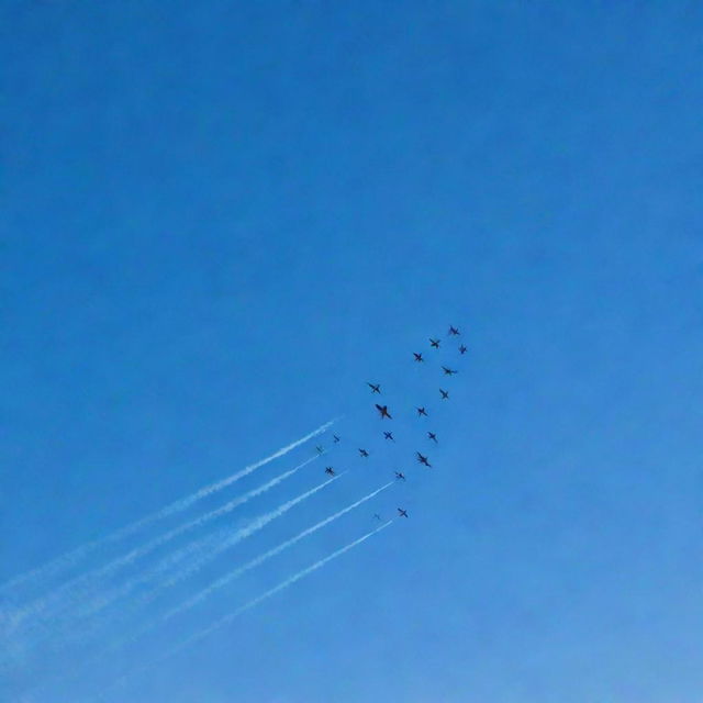 An artful display of Air Force aircrafts under a clear blue sky