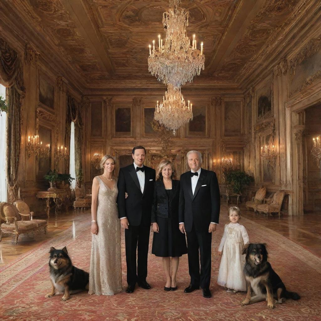 A prestigious and elegant family portrait featuring the wealthiest family in the world, set in their extravagant mansion's larger-than-life grand hall, surrounded by symbolic elements of their vast wealth and influence. Maintain an air of sophistication and refinement.