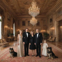 A prestigious and elegant family portrait featuring the wealthiest family in the world, set in their extravagant mansion's larger-than-life grand hall, surrounded by symbolic elements of their vast wealth and influence. Maintain an air of sophistication and refinement.