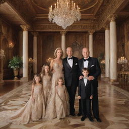 A prestigious and elegant family portrait featuring the wealthiest family in the world, set in their extravagant mansion's larger-than-life grand hall, surrounded by symbolic elements of their vast wealth and influence. Maintain an air of sophistication and refinement.