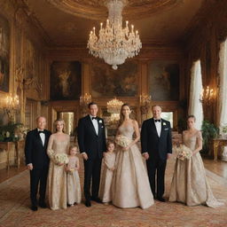 A prestigious and elegant family portrait featuring the wealthiest family in the world, set in their extravagant mansion's larger-than-life grand hall, surrounded by symbolic elements of their vast wealth and influence. Maintain an air of sophistication and refinement.