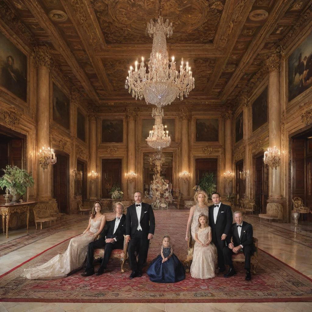 A prestigious and elegant family portrait featuring the wealthiest family in the world, set in their extravagant mansion's larger-than-life grand hall, surrounded by symbolic elements of their vast wealth and influence. Maintain an air of sophistication and refinement.