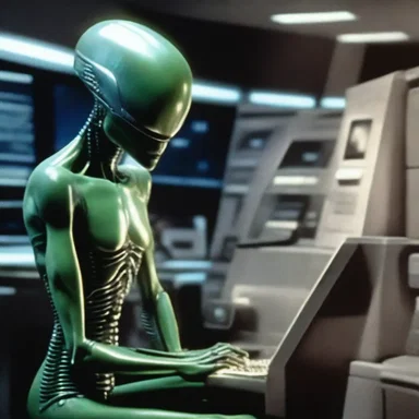 In the futuristic science fiction movie, the alien species utilizes a highly advanced teletype machine for intergalactic communication.