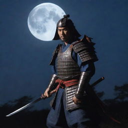 A samurai in full armor, his katana blade gleaming under the moonlight, dangerously poised for battle