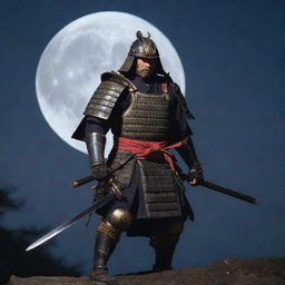 A samurai in full armor, his katana blade gleaming under the moonlight, dangerously poised for battle