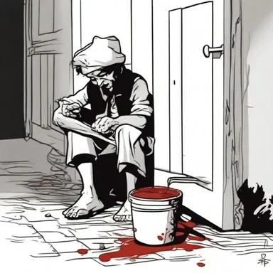 In the darkness of the night, a tinker appeared at the doorstep, offering to repair a broken pot with blood-red stains.