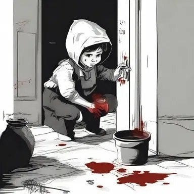 In the darkness of the night, a tinker appeared at the doorstep, offering to repair a broken pot with blood-red stains.