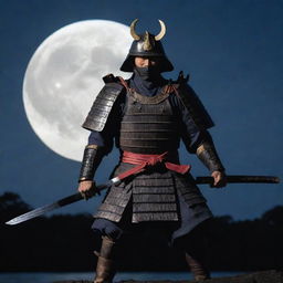 A samurai in full armor, his katana blade gleaming under the moonlight, dangerously poised for battle