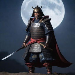 A samurai in full armor, his katana blade gleaming under the moonlight, dangerously poised for battle