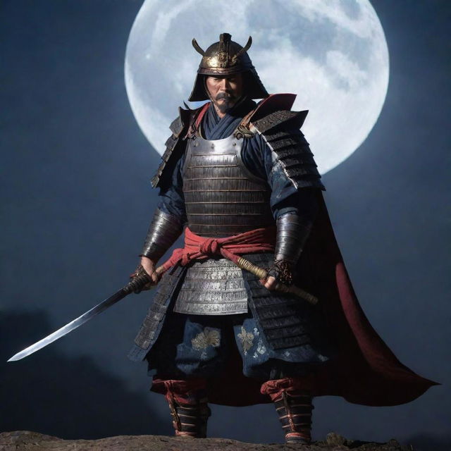 A samurai in full armor, his katana blade gleaming under the moonlight, dangerously poised for battle