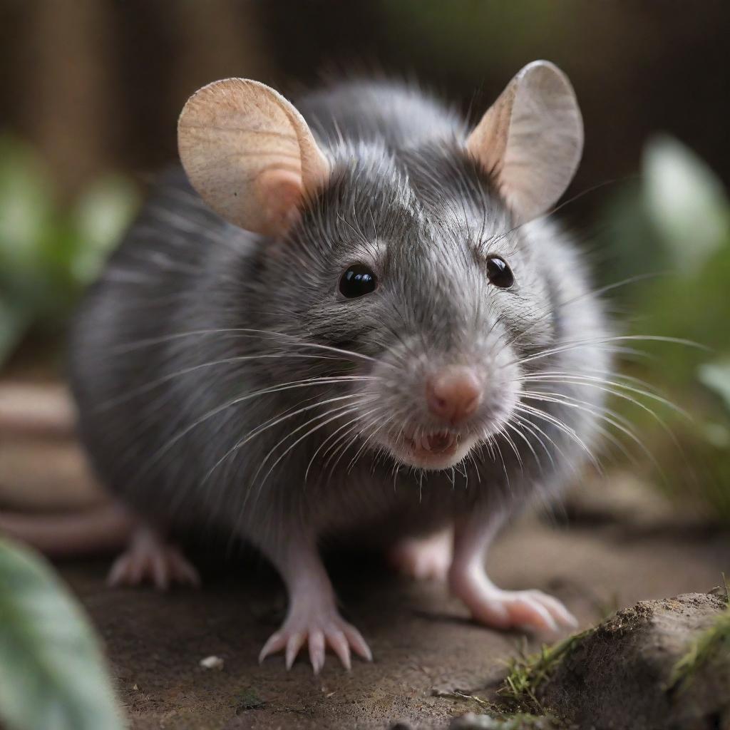 A realistic, detailed image of a rat in its natural environment, highlighting its key features like sharp teeth, glossy fur, and long tail.