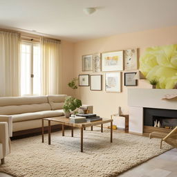 A cozy and comfortable living room with modern furniture, soft lighting, a plush area rug, pastel-colored walls, and personal touches of family photos and art.