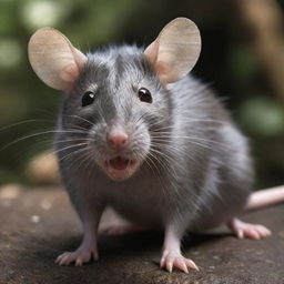 A realistic, detailed image of a rat in its natural environment, highlighting its key features like sharp teeth, glossy fur, and long tail.