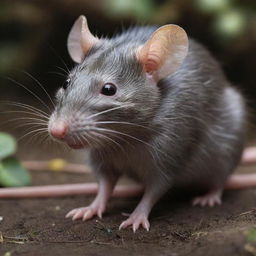 A realistic, detailed image of a rat in its natural environment, highlighting its key features like sharp teeth, glossy fur, and long tail.