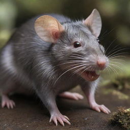 A realistic, detailed image of a rat in its natural environment, highlighting its key features like sharp teeth, glossy fur, and long tail.